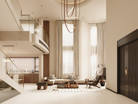  奶油风别墅客厅3d模型 