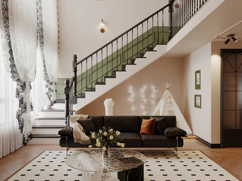  法式别墅客厅 挑高别墅3d模型 