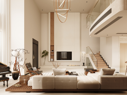  奶油风别墅客厅3d模型 