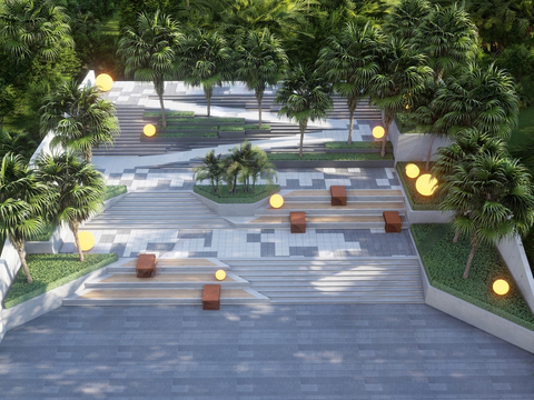  现代台阶景观 景观椅 商业街下沉台阶3d模型 