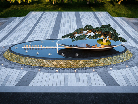  现代假山水景 酒店入口水景3d模型 