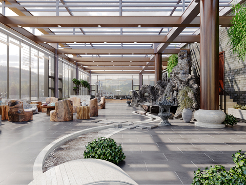  新中式庭院景观 阳光房 屋顶花园3d模型 