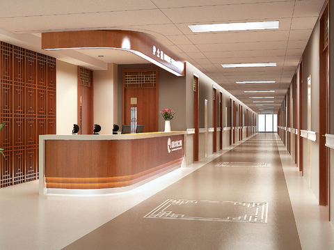  新中式医院导诊台 医院走廊3d模型 