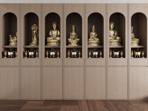  新中式佛龛禅意木质神台3d模型下载 现代简约香炉烛台组合佛像柜 室内宗教装饰 