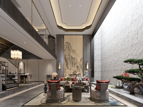  新中式别墅客厅3d模型 