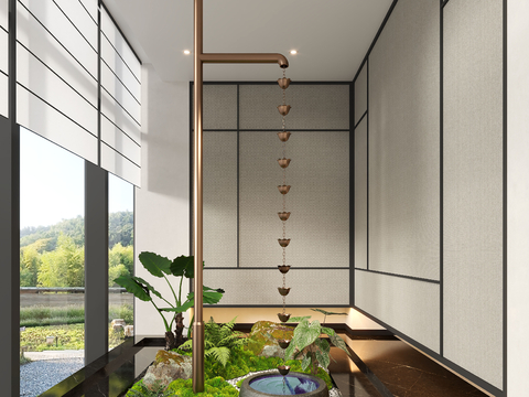  新中式室内景观 雨帘景观3d模型 