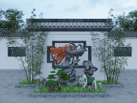  新中式庭院景墙 入口景墙 假山景墙3d模型 
