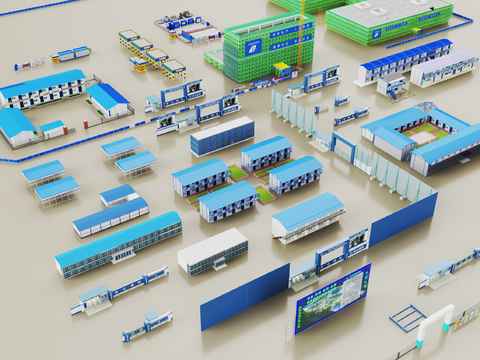  现代建筑工地 施工项目部 彩钢房 厂房3d模型 