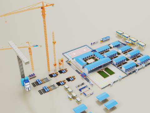  现代工地材料 建筑工地项目部 建筑工地施工3d模型 