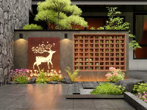  新中式庭院景墙 镂空砖景墙3d模型 