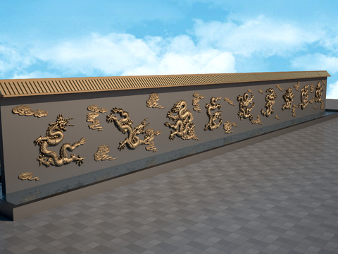  新中式景墙 九龙壁浮雕墙3d模型 