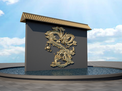  新中式景墙 盘龙浮雕墙3d模型 