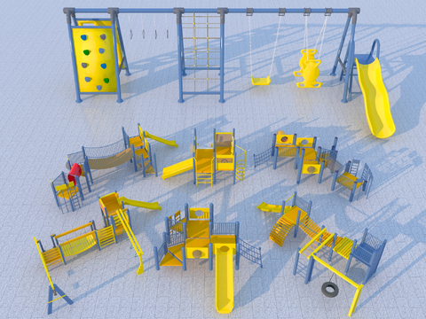  现代游乐器材 滑滑梯 秋千 游戏桌椅3d模型 