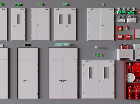  消防门安全出口 应急照明灯报警器 灭火器 消防栓3d模型 
