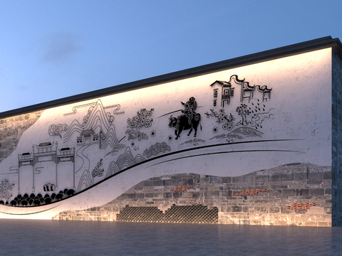  新中式古镇民宿景墙3d模型 