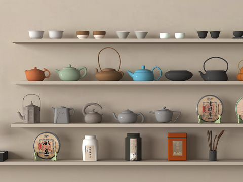  新中式茶具 茶壶 茶杯 茶饼 茶叶罐3d模型 