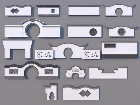  新中式徽派景观墙 围墙3d模型 