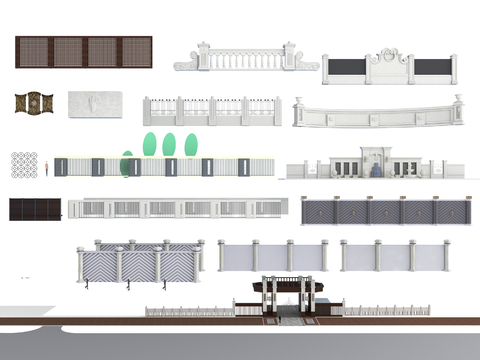  围墙 景观铁艺围墙 景墙3d模型 