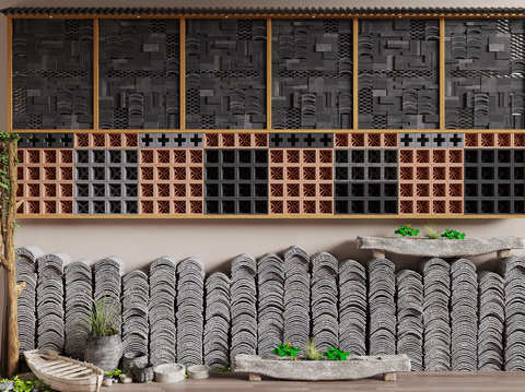  新中式瓦片墙 屋檐3d模型 