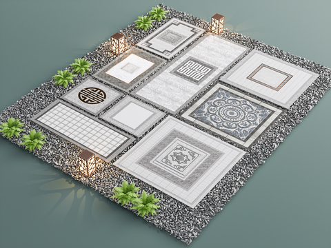  新中式园林铺装 铺地小品 鹅卵石 石阶3d模型 