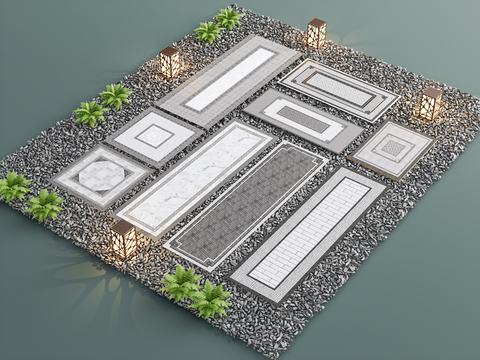  新中式园林铺装 铺地小品 鹅卵石 石阶3d模型 
