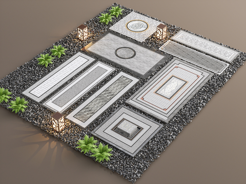  新中式园林铺装 铺地小品 鹅卵石 石阶3d模型 