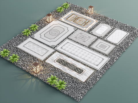  新中式园林铺装 铺地小品 鹅卵石 石阶3d模型 