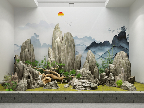  中式假山景观小品3d模型 