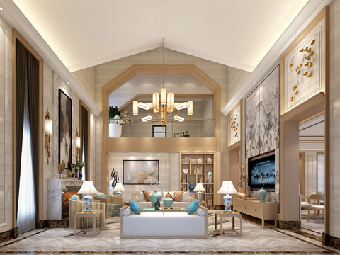  新中式别墅客餐厅3d模型 