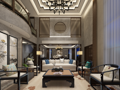  新中式别墅客餐厅3d模型 