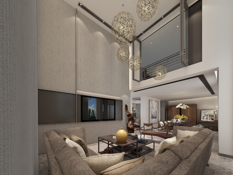  新中式别墅客厅3d模型 