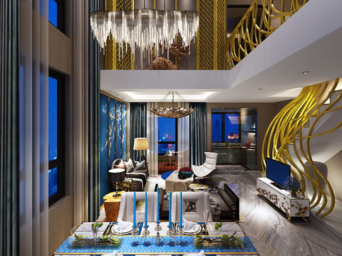  新中式别墅客餐厅3d模型 