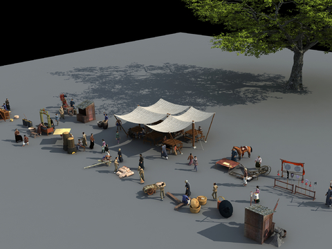  新中式农具 集市摊位 民俗用品3d模型 