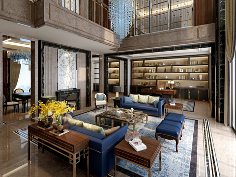  新中式别墅客厅 别墅大堂3d模型 