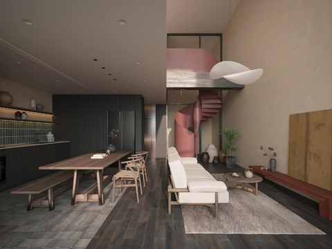  中古风别墅客餐厅3d模型 