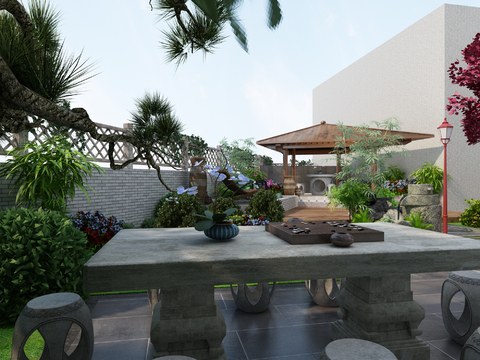  新中式别墅景观 庭院景观3d模型 