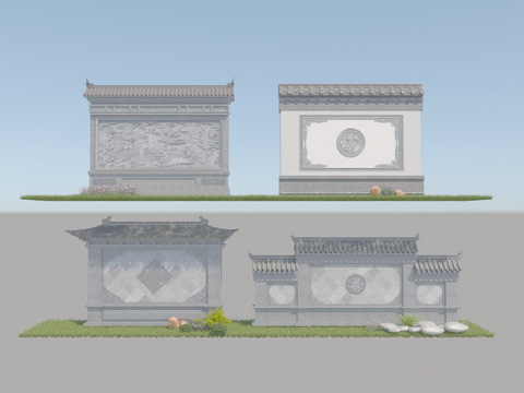  新中式景墙 公园景墙 庭院景墙3d模型 