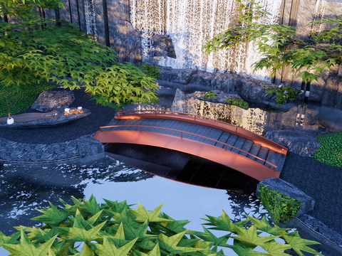  新中式景观桥 小拱桥 瀑布流水3d模型 