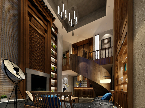  新中式别墅客厅3d模型 