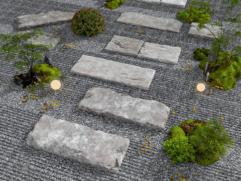  新中式青石板 汀步石 绿植石头小品3d模型 