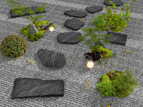  新中式青石板 汀步石 绿植造景 石头小品3d模型 