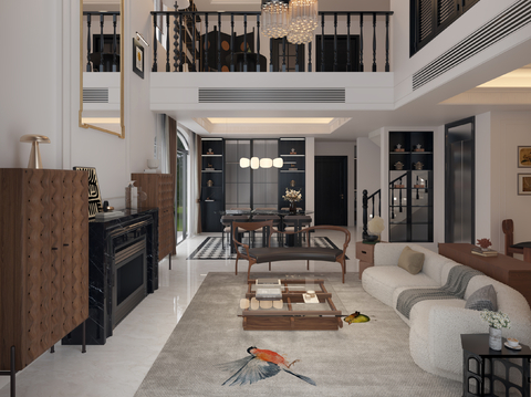  中古风 混搭 别墅客餐厅3d模型 