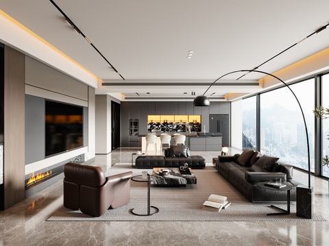  意式客餐廳 沙發(fā)茶幾 餐桌椅 吊燈 電視背景墻 酒柜3d模型 
