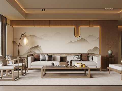  新中式客廳 沙發(fā)背景墻 沙發(fā)茶幾組合3d模型 