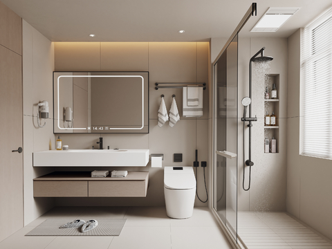  奶油风卫生间3d模型 