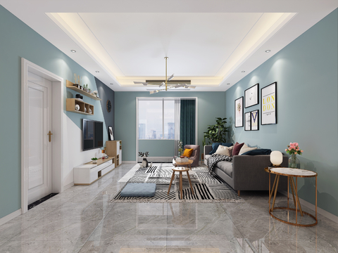  北欧客餐厅 沙发茶几组合 电视柜组合 吊灯 挂画3d模型 