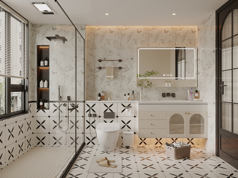  法式奶油风卫生间 浴室柜 马桶 花洒3d模型 