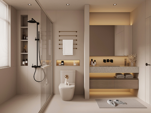  现代奶油风卫生间 浴室柜 马桶 花洒3d模型 