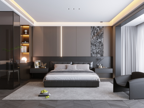  意式极简卧室主卧飘窗卧室极简卧室无主灯卧室意式简约卧室3d模型 