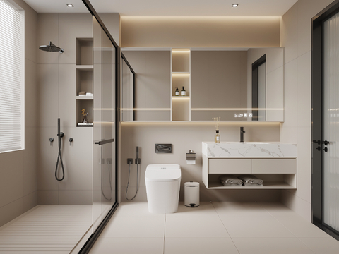  现代奶油风卫生间 浴室柜 马桶 淋浴间3d模型 